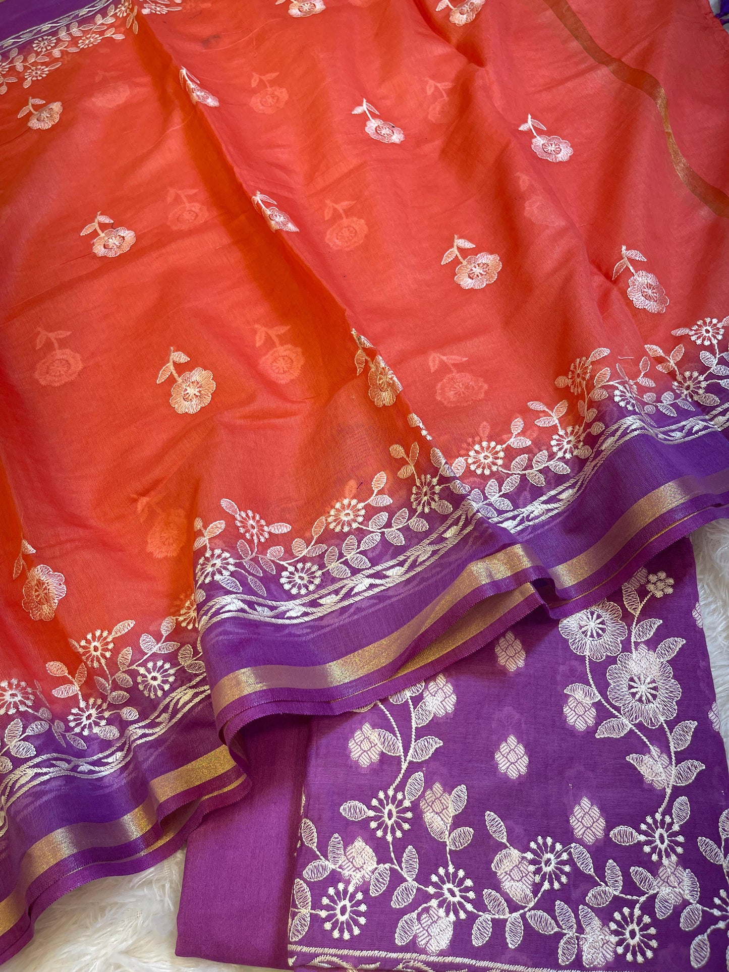 Purple Cotton Embroidery Banarasi 3 pcs Suit set with Contrast Orange Dupatta 1200SKL_MSC1
