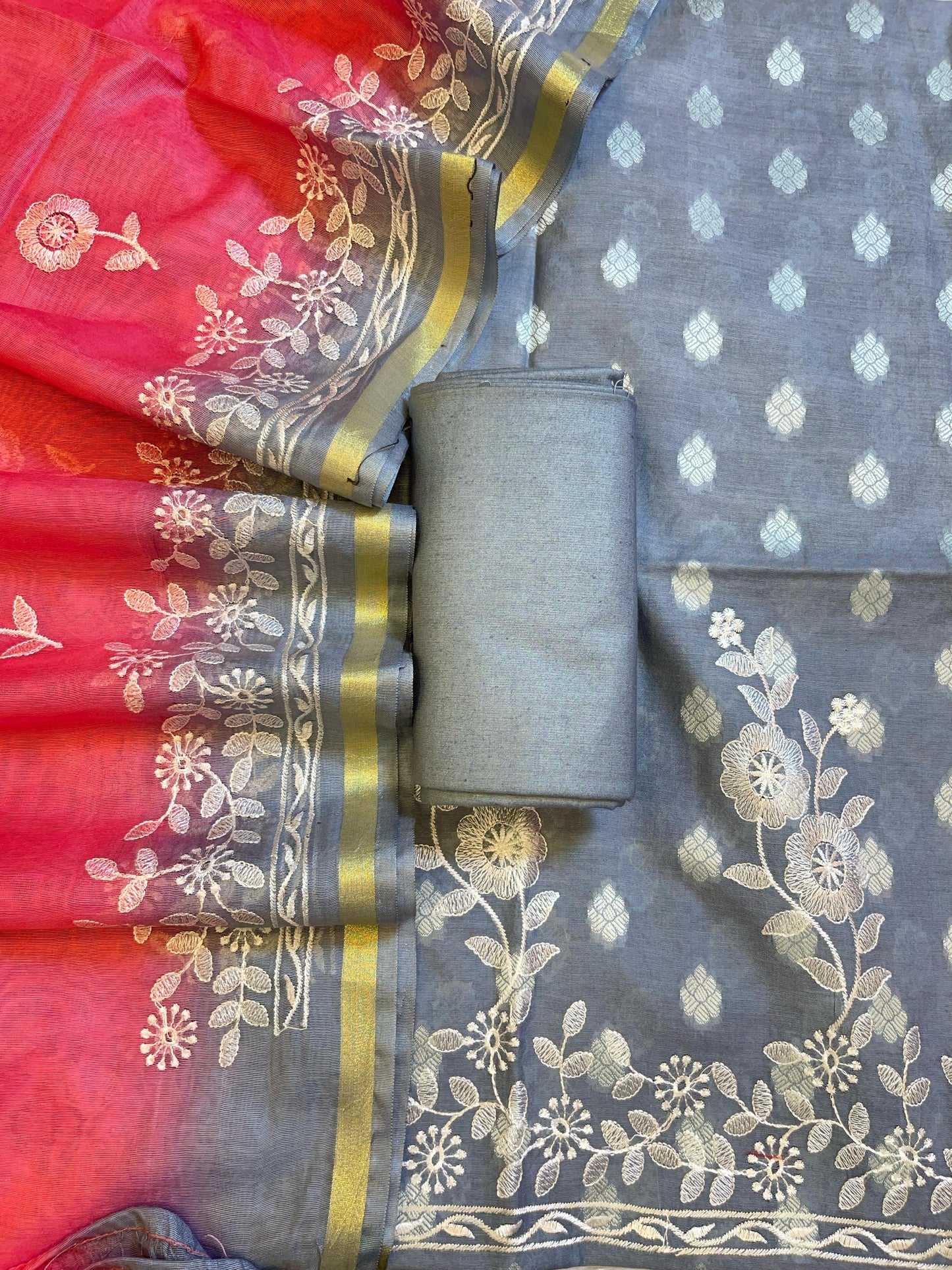 Grey Cotton Embroidery Banarasi 3 pcs Suit set with Contrast Pink Dupatta 1200SKL_MSC2