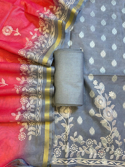 Grey Cotton Embroidery Banarasi 3 pcs Suit set with Contrast Pink Dupatta 1200SKL_MSC2