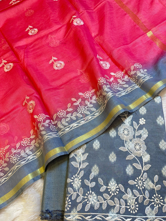 Grey Cotton Embroidery Banarasi 3 pcs Suit set with Contrast Pink Dupatta 1200SKL_MSC2