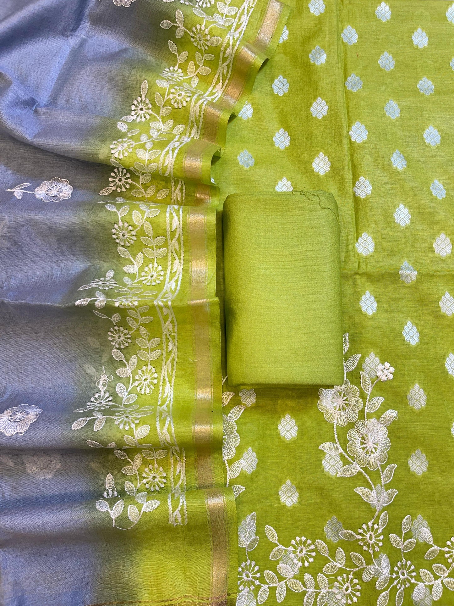 Light Green Cotton Embroidery Banarasi 3 pcs Suit set with Contrast Grey Dupatta 1200SKL_MSC3