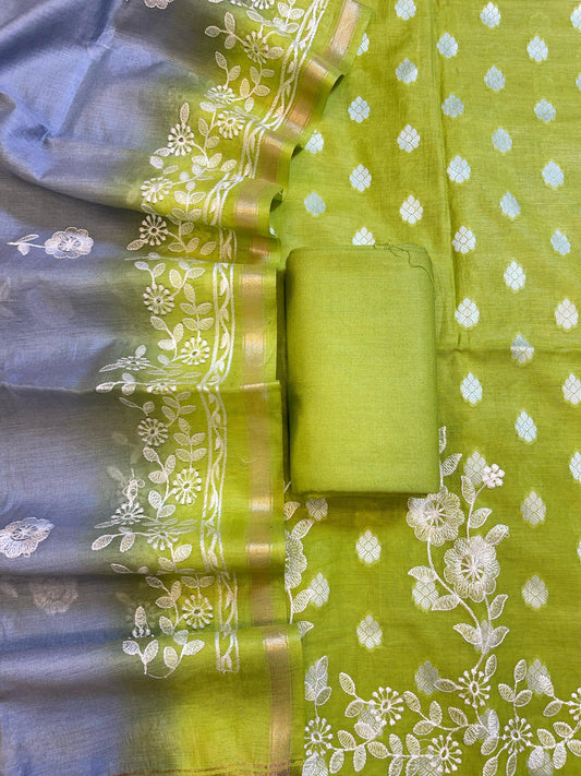 Light Green Cotton Embroidery Banarasi 3 pcs Suit set with Contrast Grey Dupatta 1200SKL_MSC3