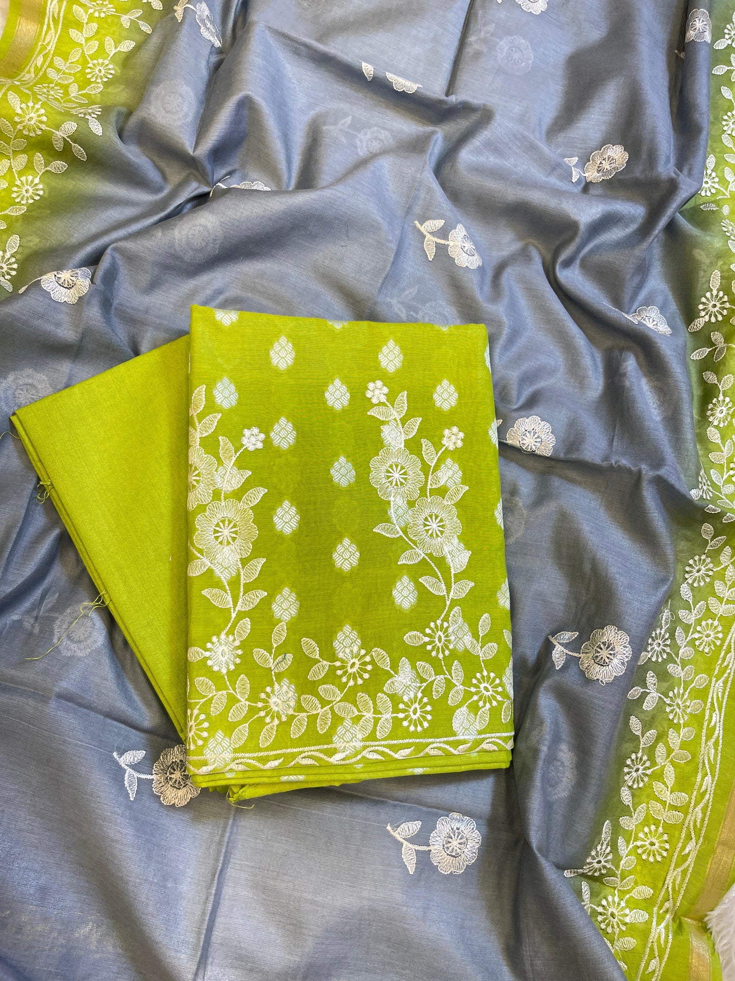 Light Green Cotton Embroidery Banarasi 3 pcs Suit set with Contrast Grey Dupatta 1200SKL_MSC3