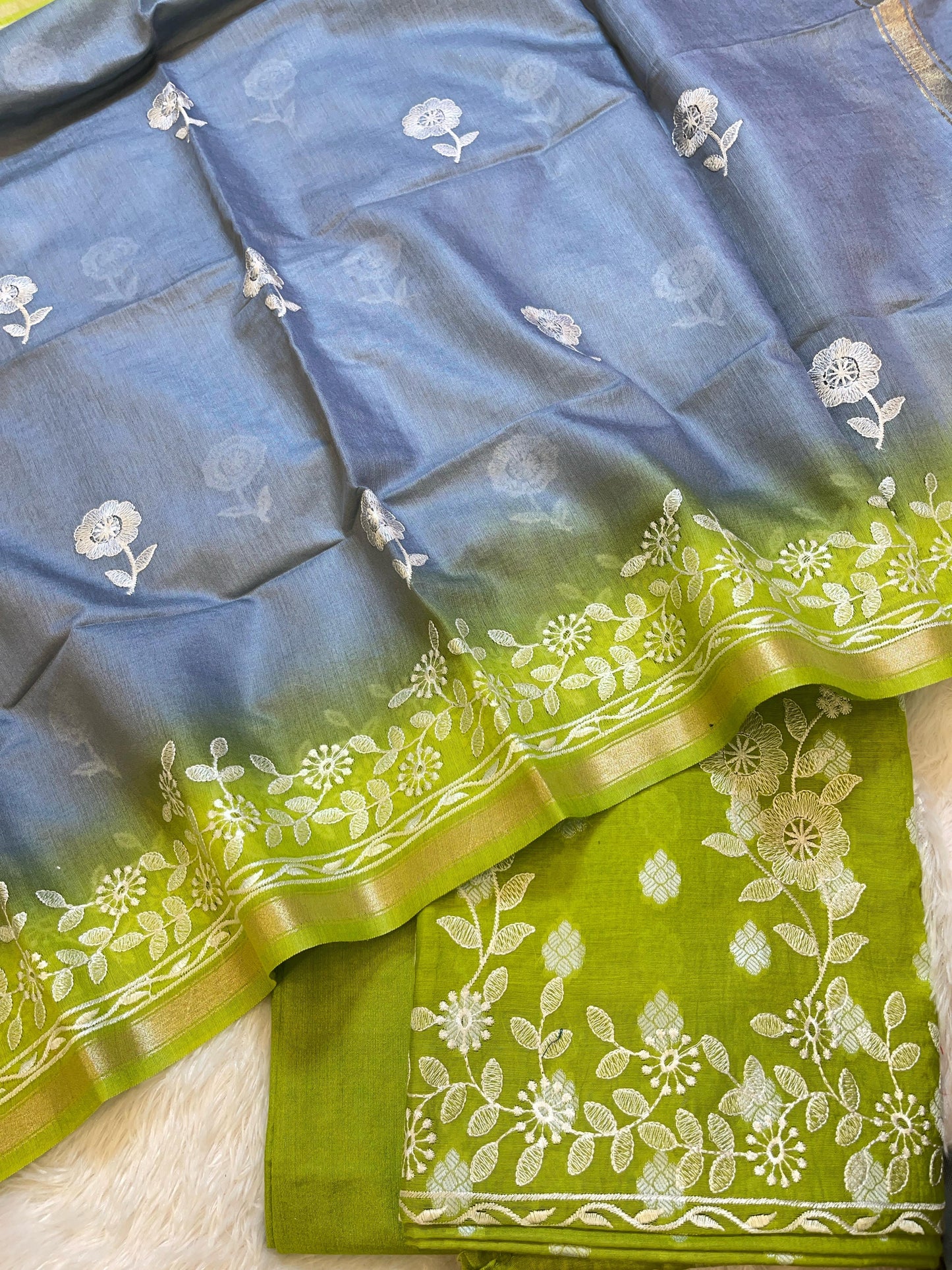Light Green Cotton Embroidery Banarasi 3 pcs Suit set with Contrast Grey Dupatta 1200SKL_MSC3