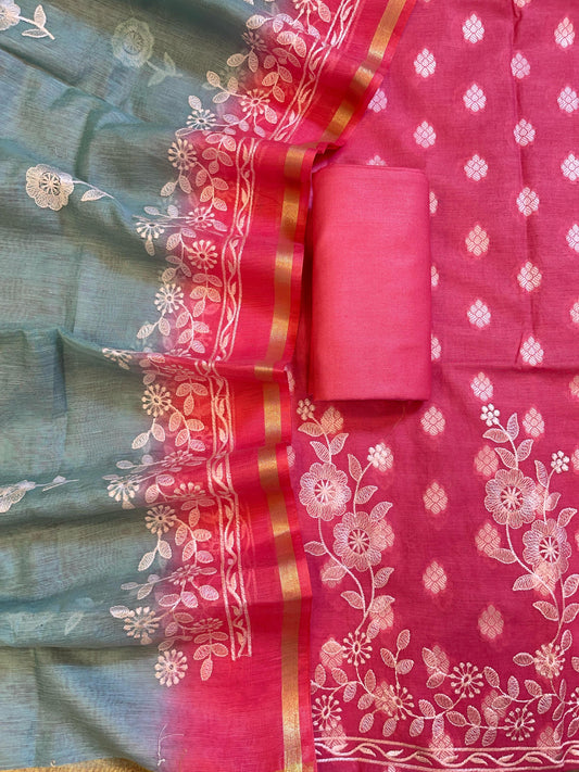 Pink Cotton Embroidery Banarasi 3 pcs Suit set with Contrast Grey Dupatta 1200SKL_MSC4
