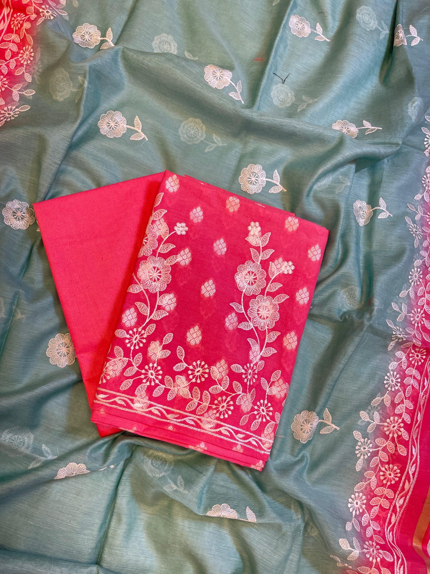 Pink Cotton Embroidery Banarasi 3 pcs Suit set with Contrast Grey Dupatta 1200SKL_MSC4