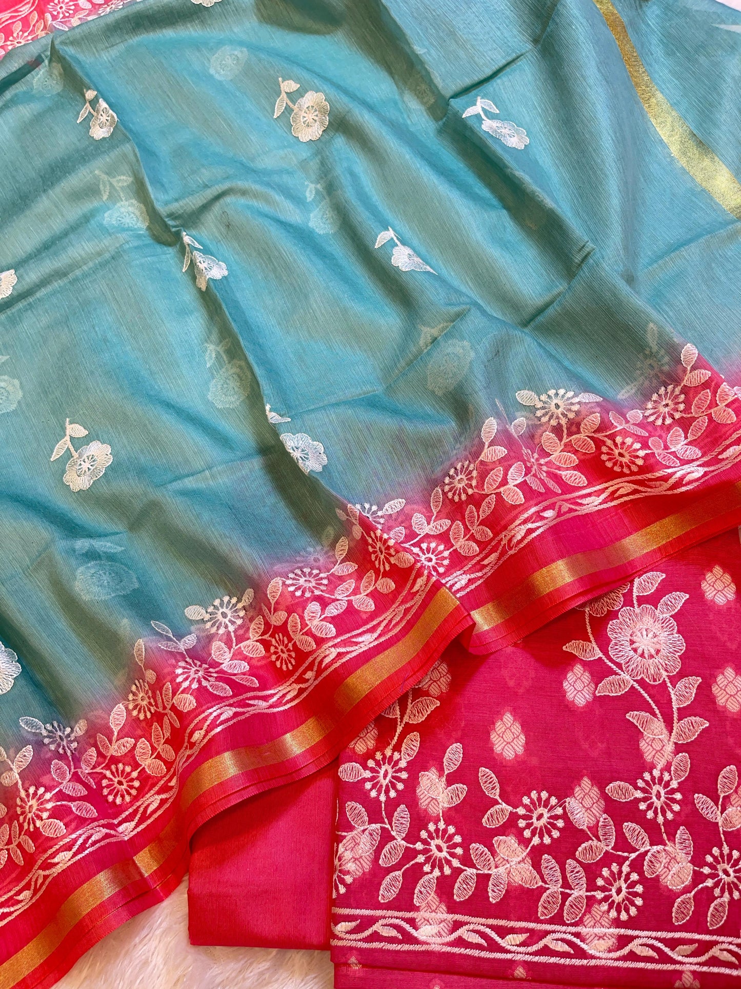 Pink Cotton Embroidery Banarasi 3 pcs Suit set with Contrast Grey Dupatta 1200SKL_MSC4