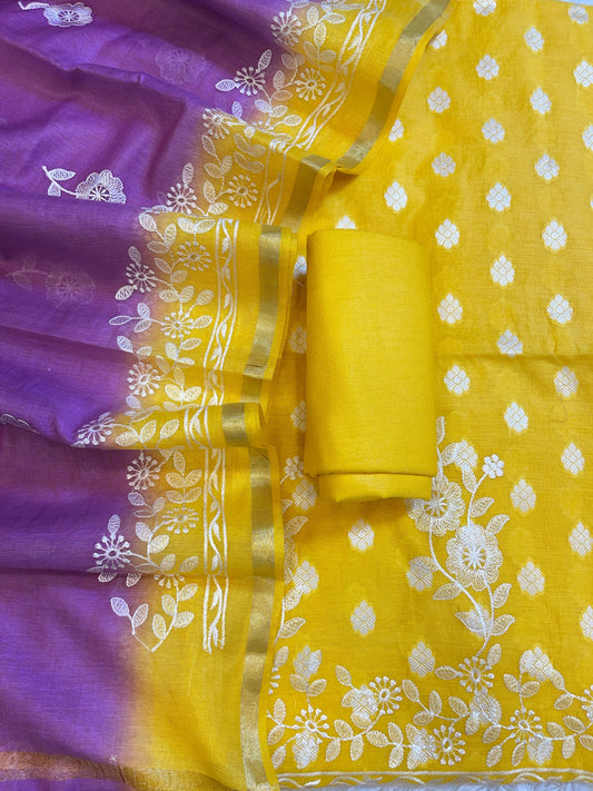 Yellow Cotton Embroidery Banarasi 3 pcs Suit set with Contrast Purple Dupatta 1200SKL_MSC5