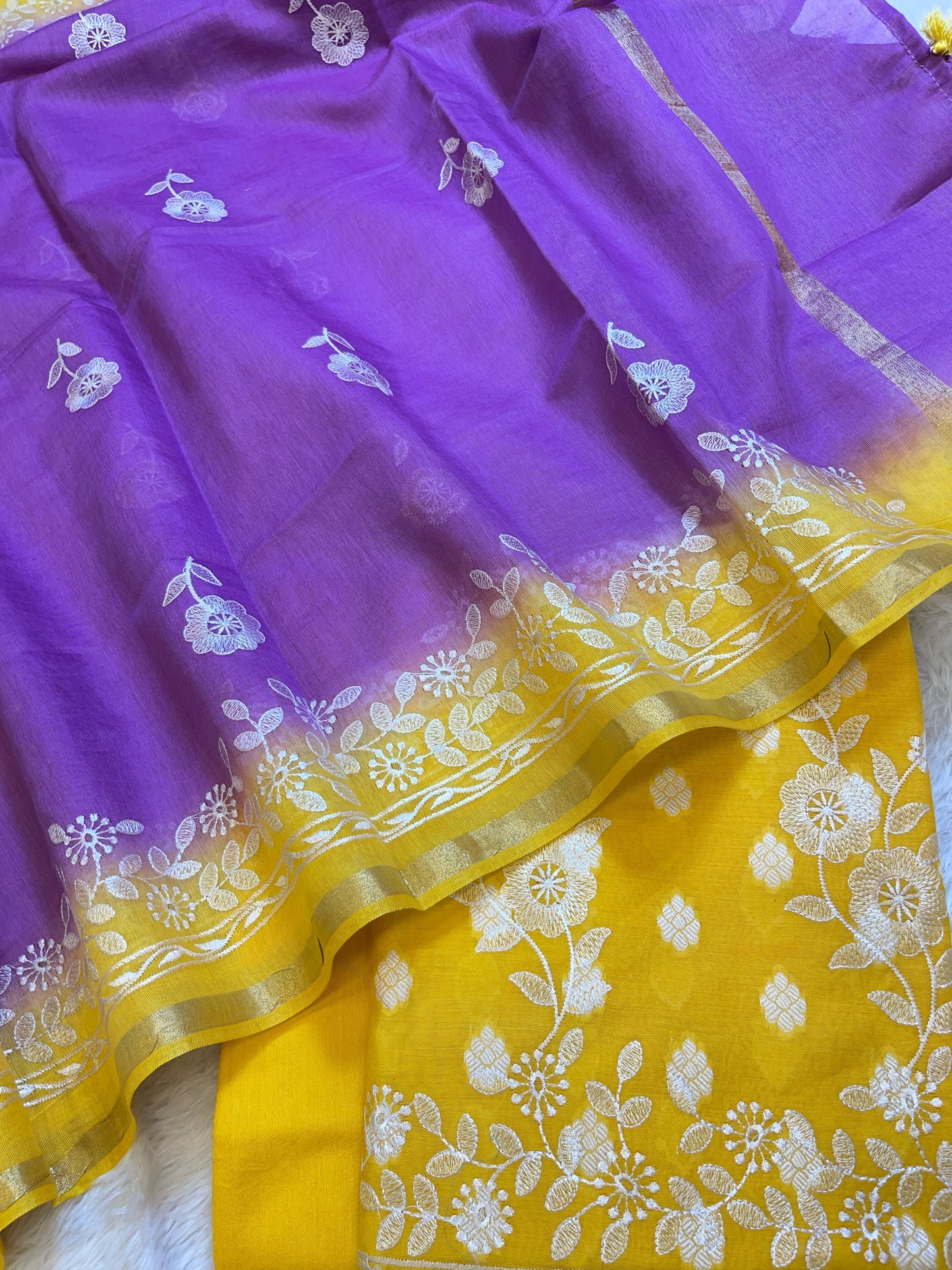 Yellow Cotton Embroidery Banarasi 3 pcs Suit set with Contrast Purple Dupatta 1200SKL_MSC5
