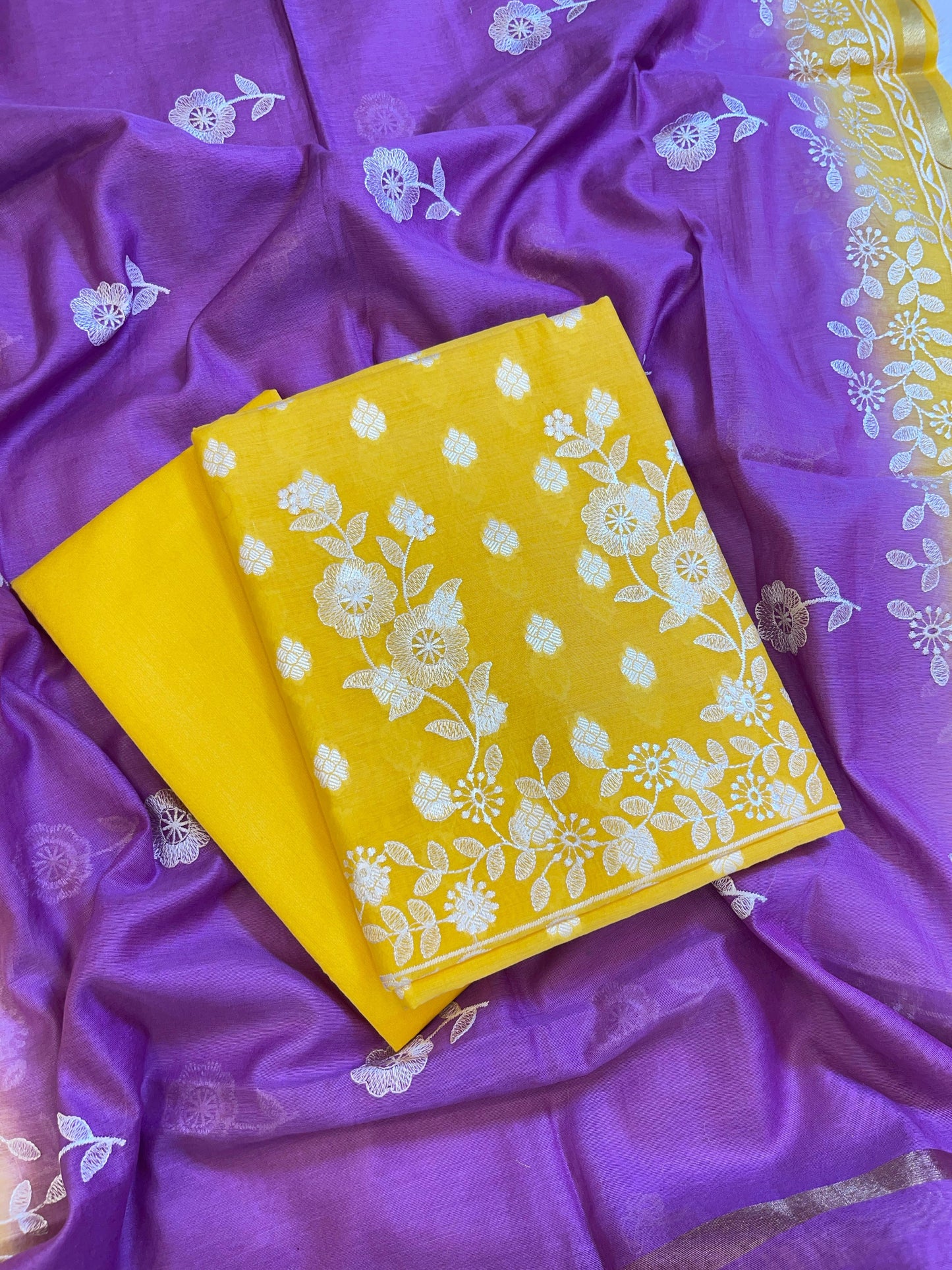 Yellow Cotton Embroidery Banarasi 3 pcs Suit set with Contrast Purple Dupatta 1200SKL_MSC5