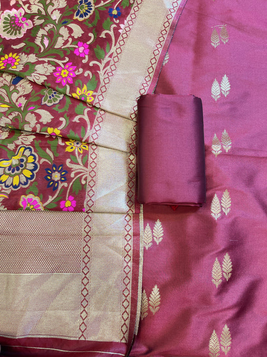 Burgundy Katan Silk Zari Booti Banarasi 3 pcs Suit Set with Multicolor Mina Dupatta 700SKL_KS3