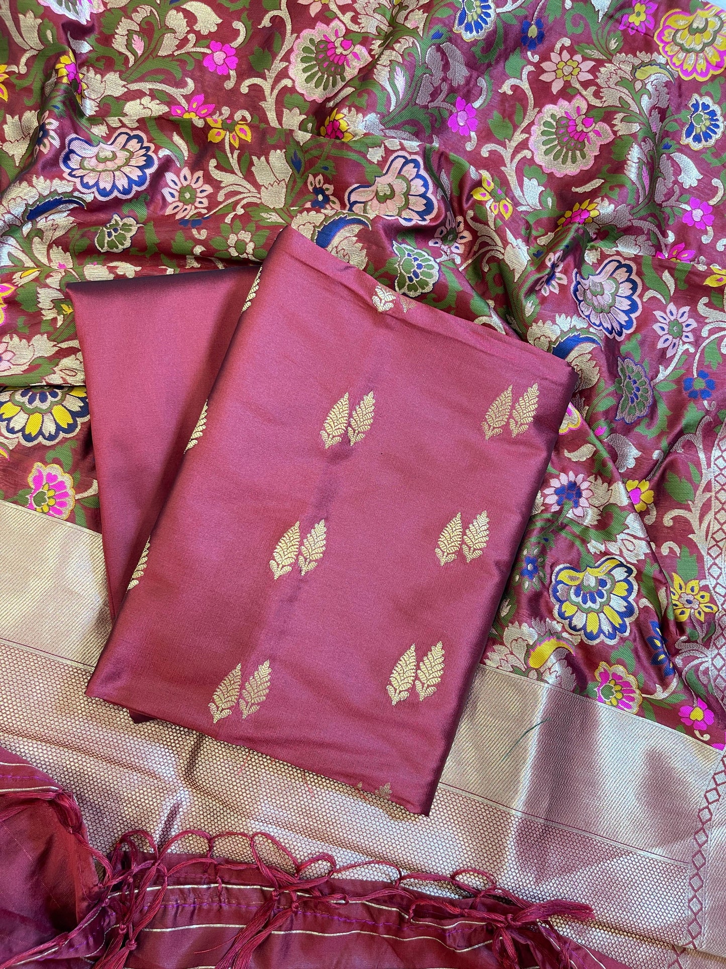 Burgundy Katan Silk Zari Booti Banarasi 3 pcs Suit Set with Multicolor Mina Dupatta 700SKL_KS3