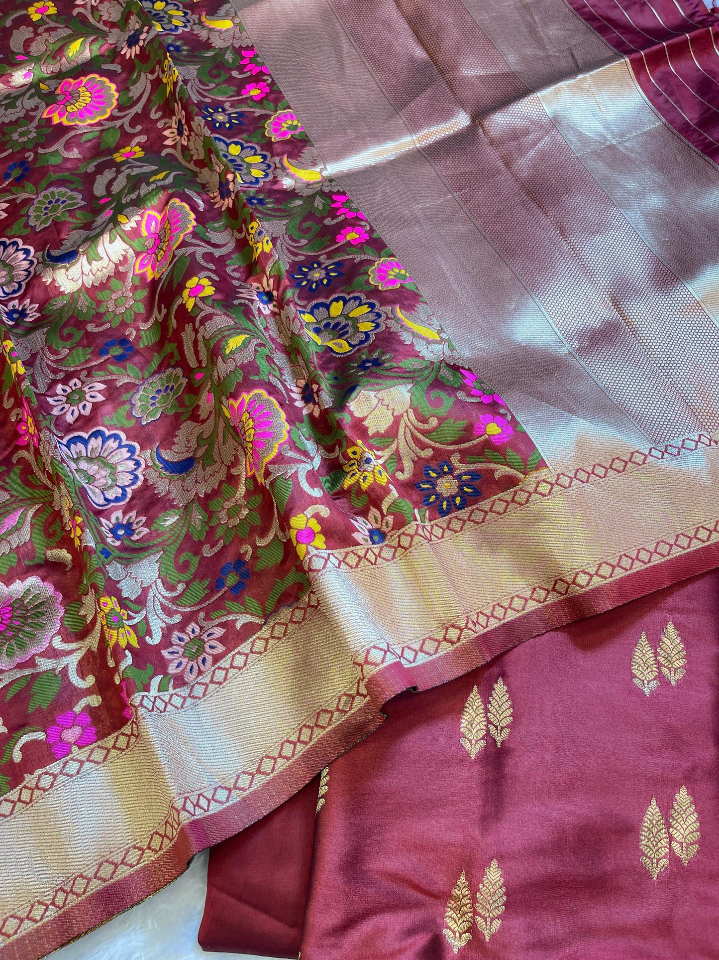 Burgundy Katan Silk Zari Booti Banarasi 3 pcs Suit Set with Multicolor Mina Dupatta 700SKL_KS3
