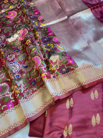 Burgundy Katan Silk Zari Booti Banarasi 3 pcs Suit Set with Multicolor Mina Dupatta 700SKL_KS3
