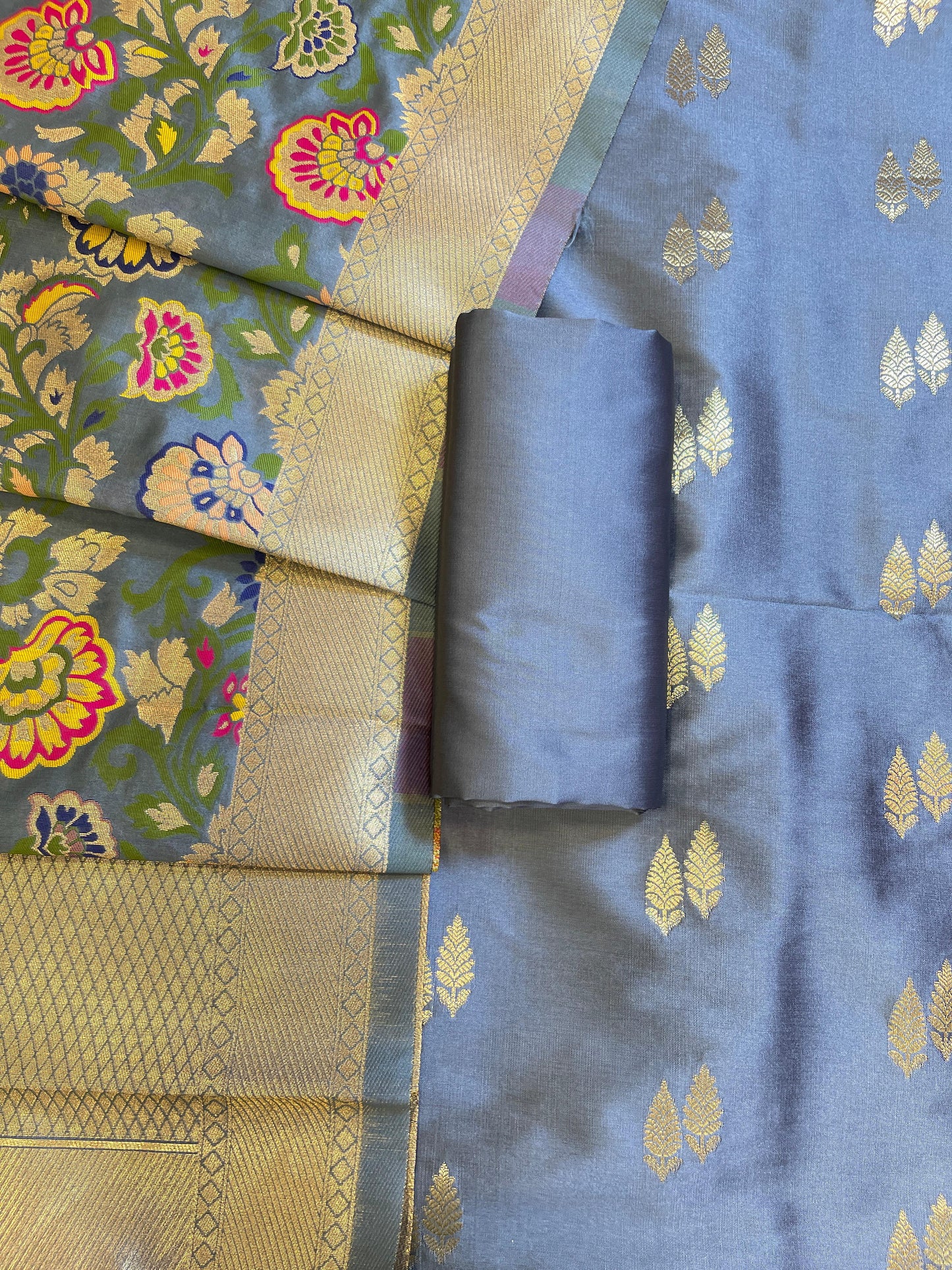 Grey Katan Silk Zari Booti Banarasi 3 pcs Suit Set with Multicolor Mina Dupatta 700SKL_KS5