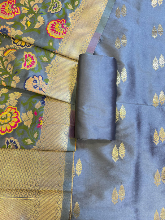 Grey Katan Silk Zari Booti Banarasi 3 pcs Suit Set with Multicolor Mina Dupatta 700SKL_KS5