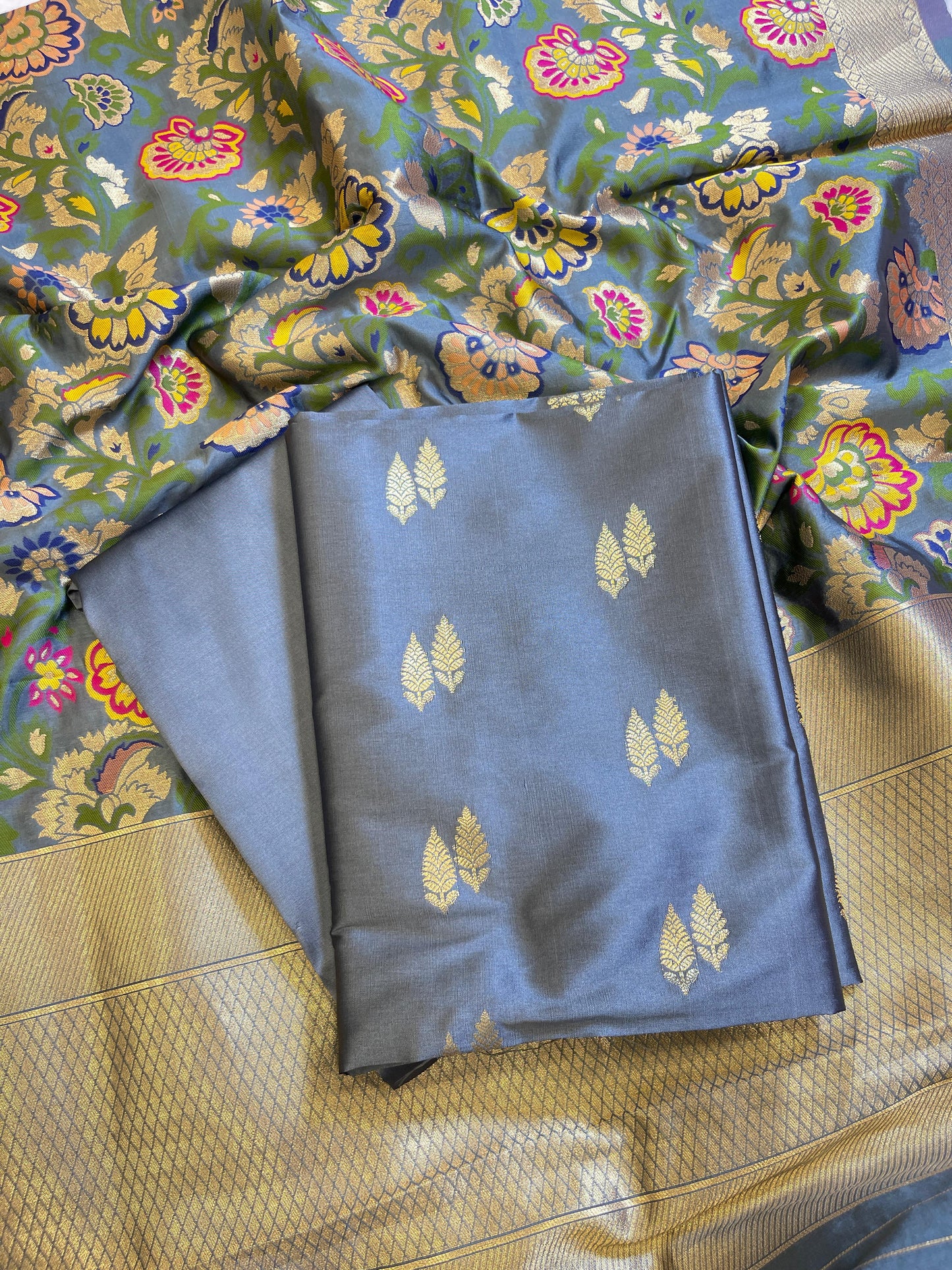 Grey Katan Silk Zari Booti Banarasi 3 pcs Suit Set with Multicolor Mina Dupatta 700SKL_KS5