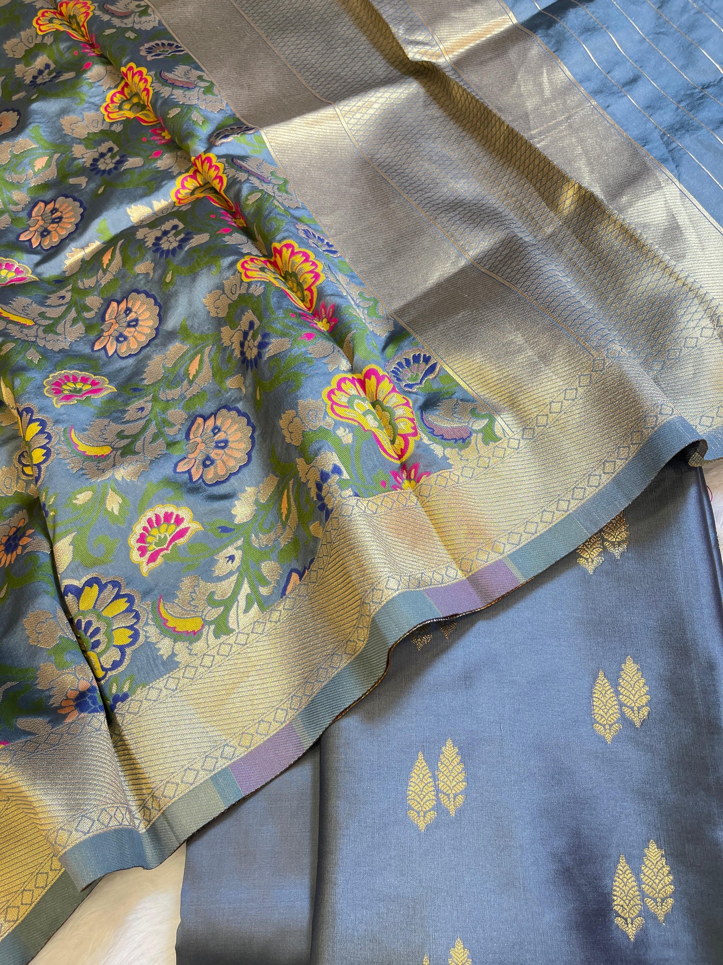 Grey Katan Silk Zari Booti Banarasi 3 pcs Suit Set with Multicolor Mina Dupatta 700SKL_KS5