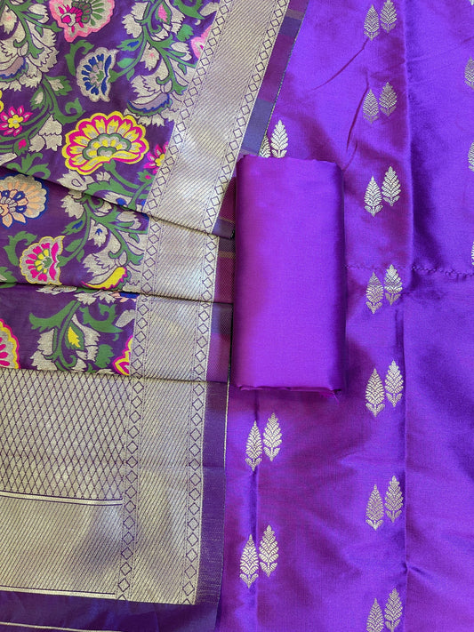 Purple Katan Silk Zari Booti Banarasi 3 pcs Suit Set with Multicolor Mina Dupatta 700SKL_KS6