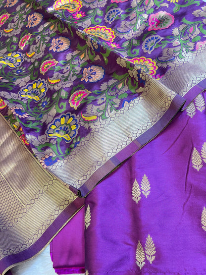 Purple Katan Silk Zari Booti Banarasi 3 pcs Suit Set with Multicolor Mina Dupatta 700SKL_KS6