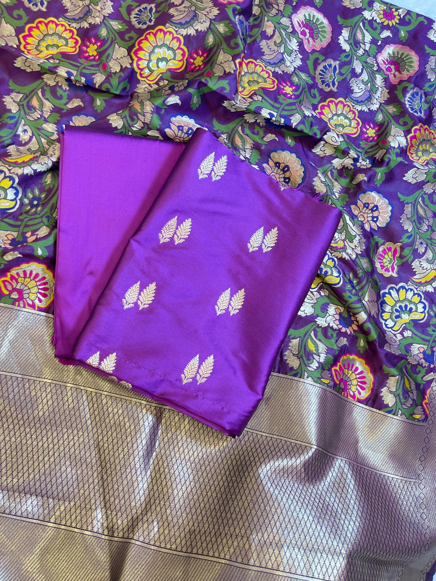 Purple Katan Silk Zari Booti Banarasi 3 pcs Suit Set with Multicolor Mina Dupatta 700SKL_KS6