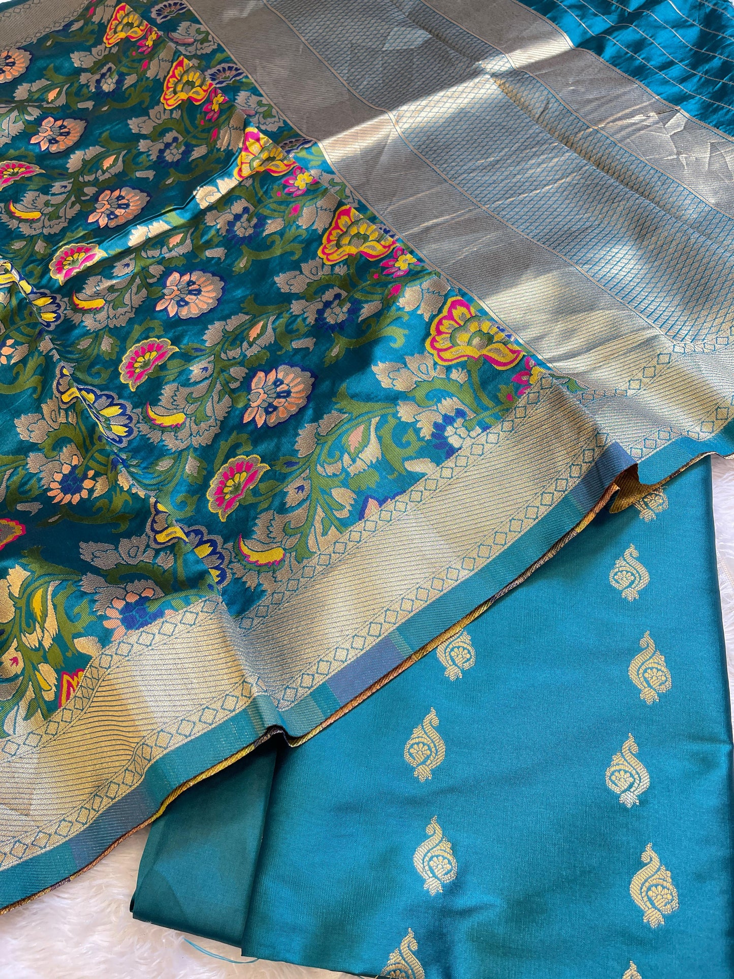 Teal Blue Katan Silk Zari Booti Banarasi 3 pcs Suit Set with Multicolor Mina Dupatta 700SKL_KS7