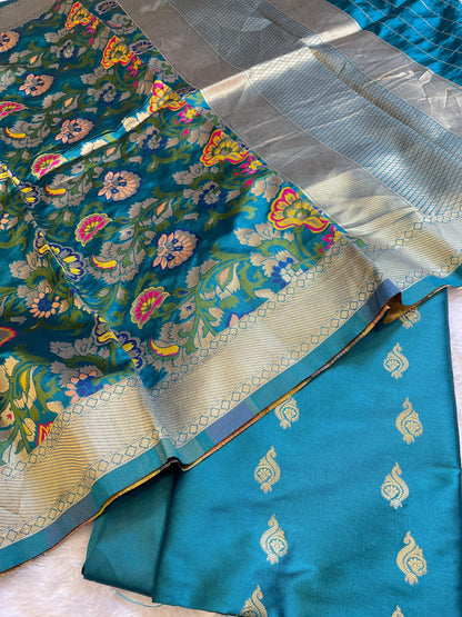 Teal Blue Katan Silk Zari Booti Banarasi 3 pcs Suit Set with Multicolor Mina Dupatta 700SKL_KS7
