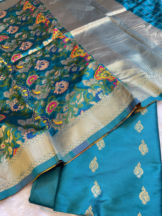 Teal Blue Katan Silk Zari Booti Banarasi 3 pcs Suit Set with Multicolor Mina Dupatta 700SKL_KS7