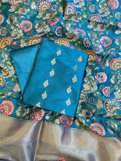 Teal Blue Katan Silk Zari Booti Banarasi 3 pcs Suit Set with Multicolor Mina Dupatta 700SKL_KS7