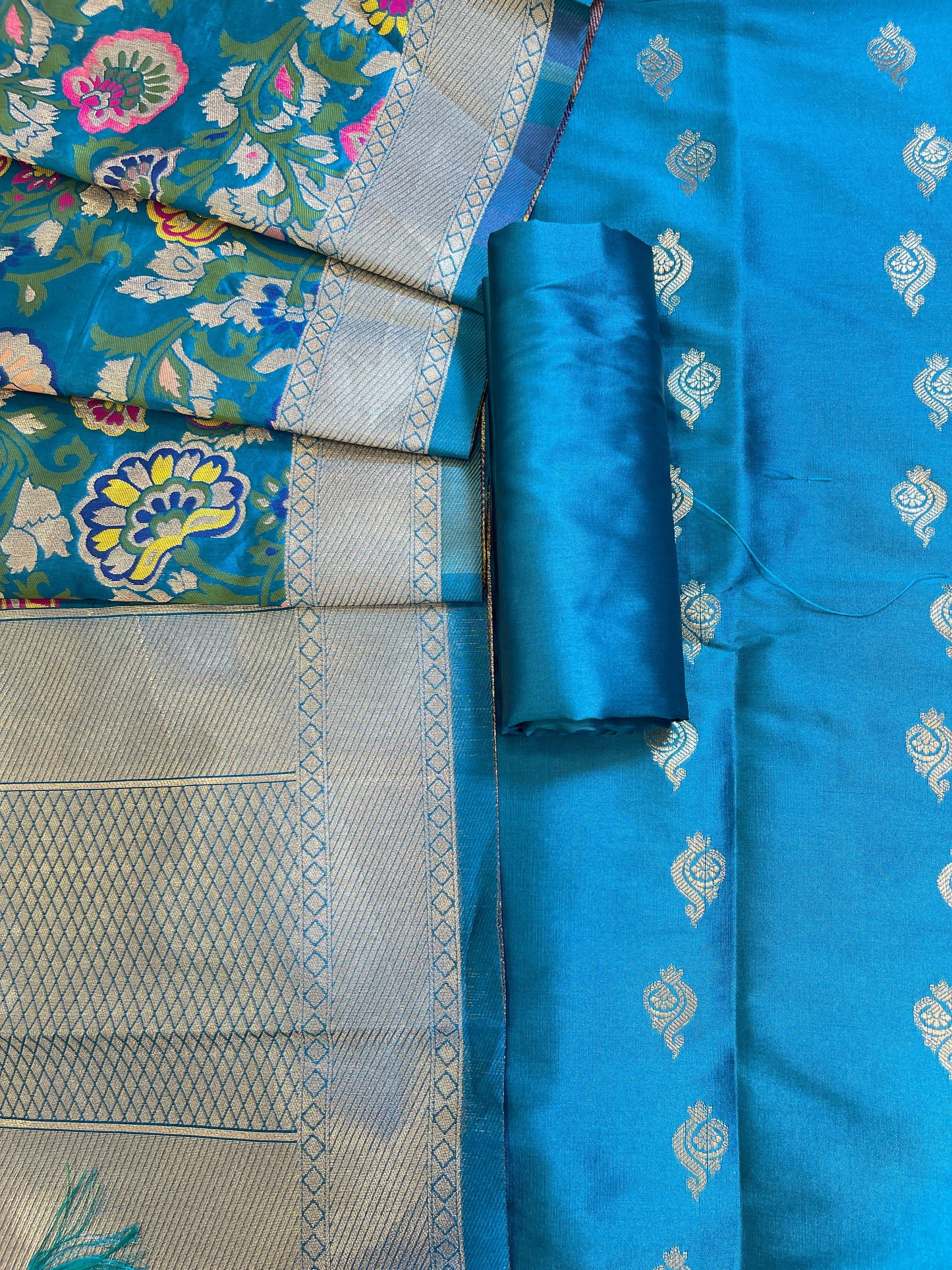 Teal Blue Katan Silk Zari Booti Banarasi 3 pcs Suit Set with Multicolor Mina Dupatta 700SKL_KS7
