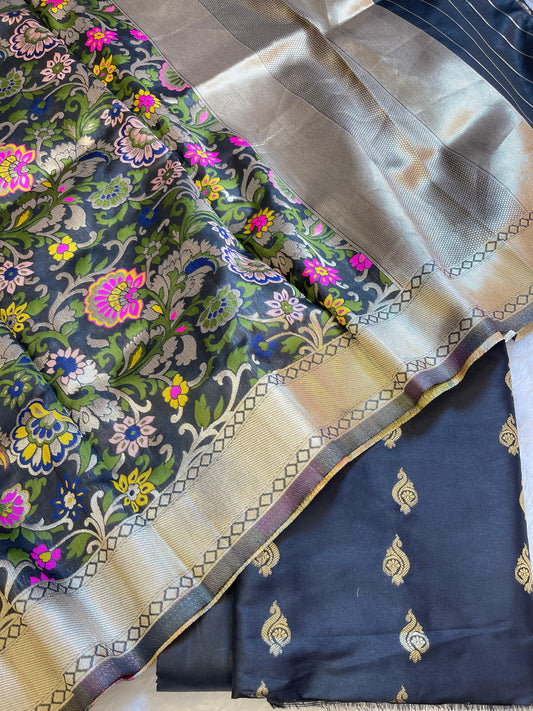 Black Katan Silk Zari Booti Banarasi 3 pcs Suit Set with Multicolor Mina Dupatta 700SKL_KS8
