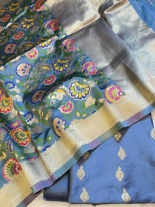Grey Katan Silk Zari Booti Banarasi 3 pcs Suit Set with Multicolor Mina Dupatta 700SKL_KS9