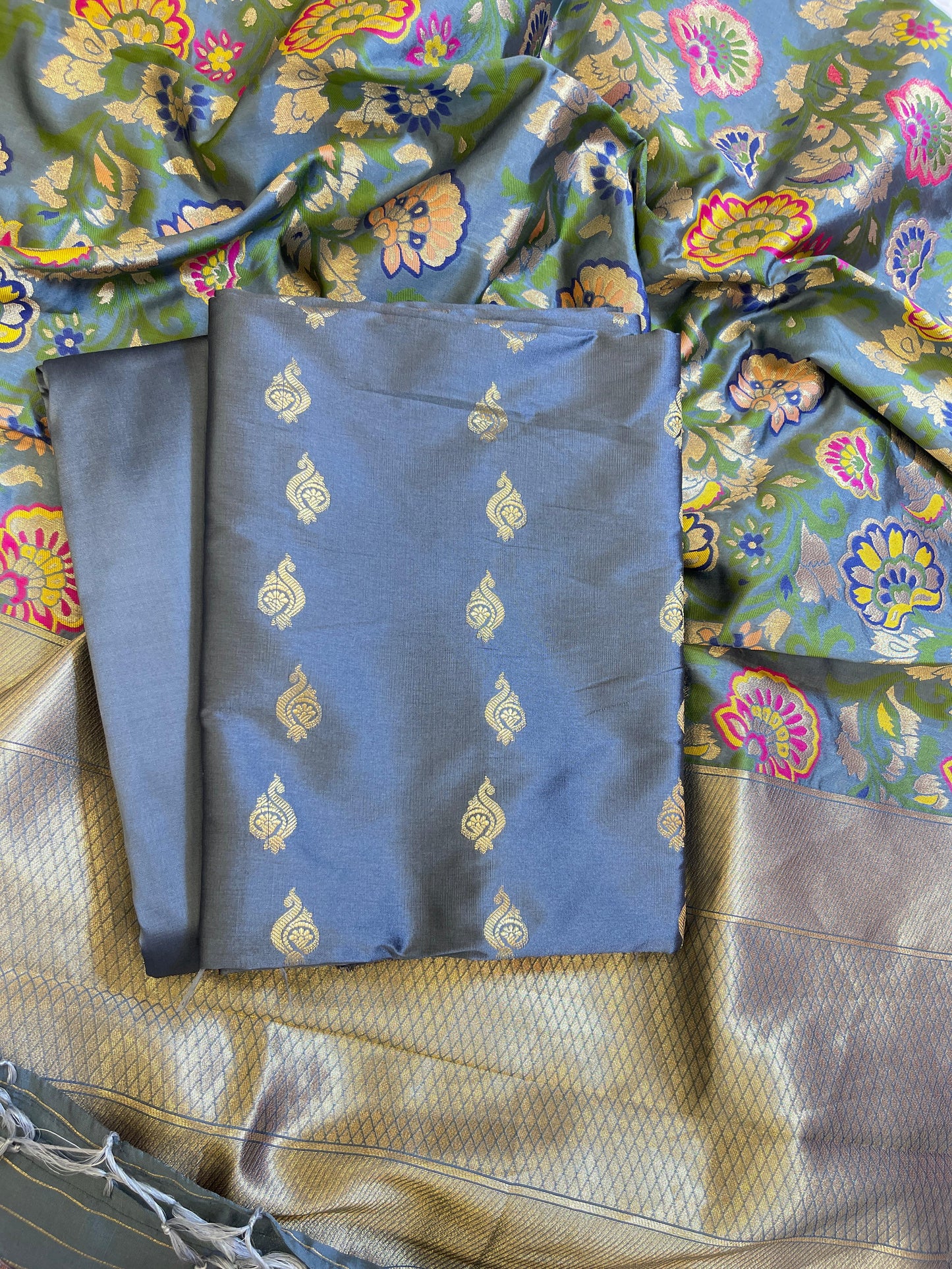 Grey Katan Silk Zari Booti Banarasi 3 pcs Suit Set with Multicolor Mina Dupatta 700SKL_KS9