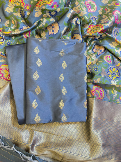 Grey Katan Silk Zari Booti Banarasi 3 pcs Suit Set with Multicolor Mina Dupatta 700SKL_KS9