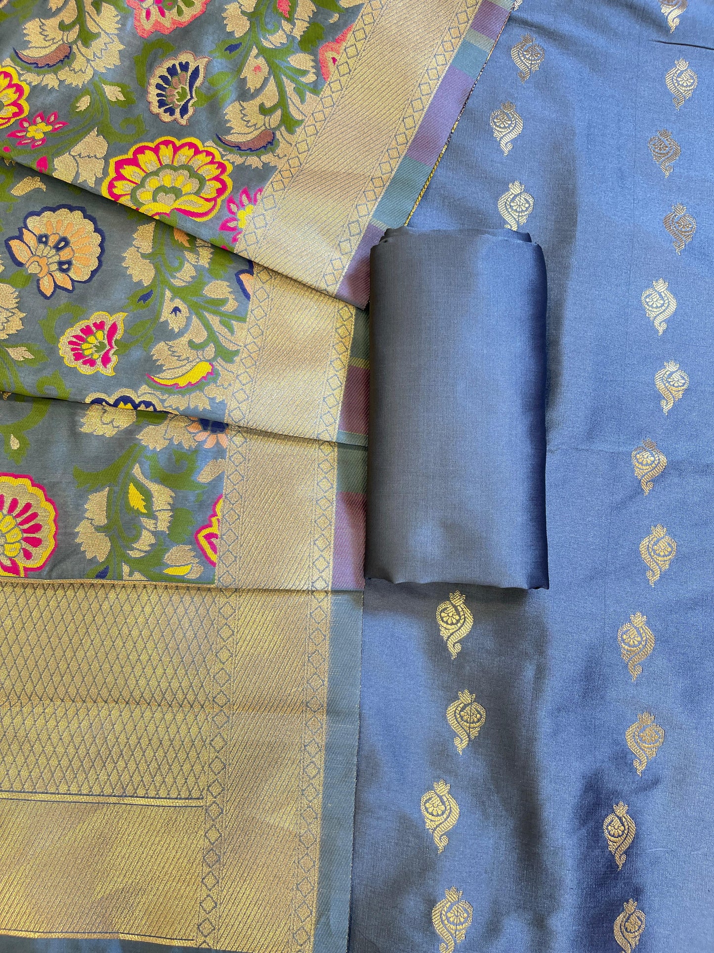 Grey Katan Silk Zari Booti Banarasi 3 pcs Suit Set with Multicolor Mina Dupatta 700SKL_KS9