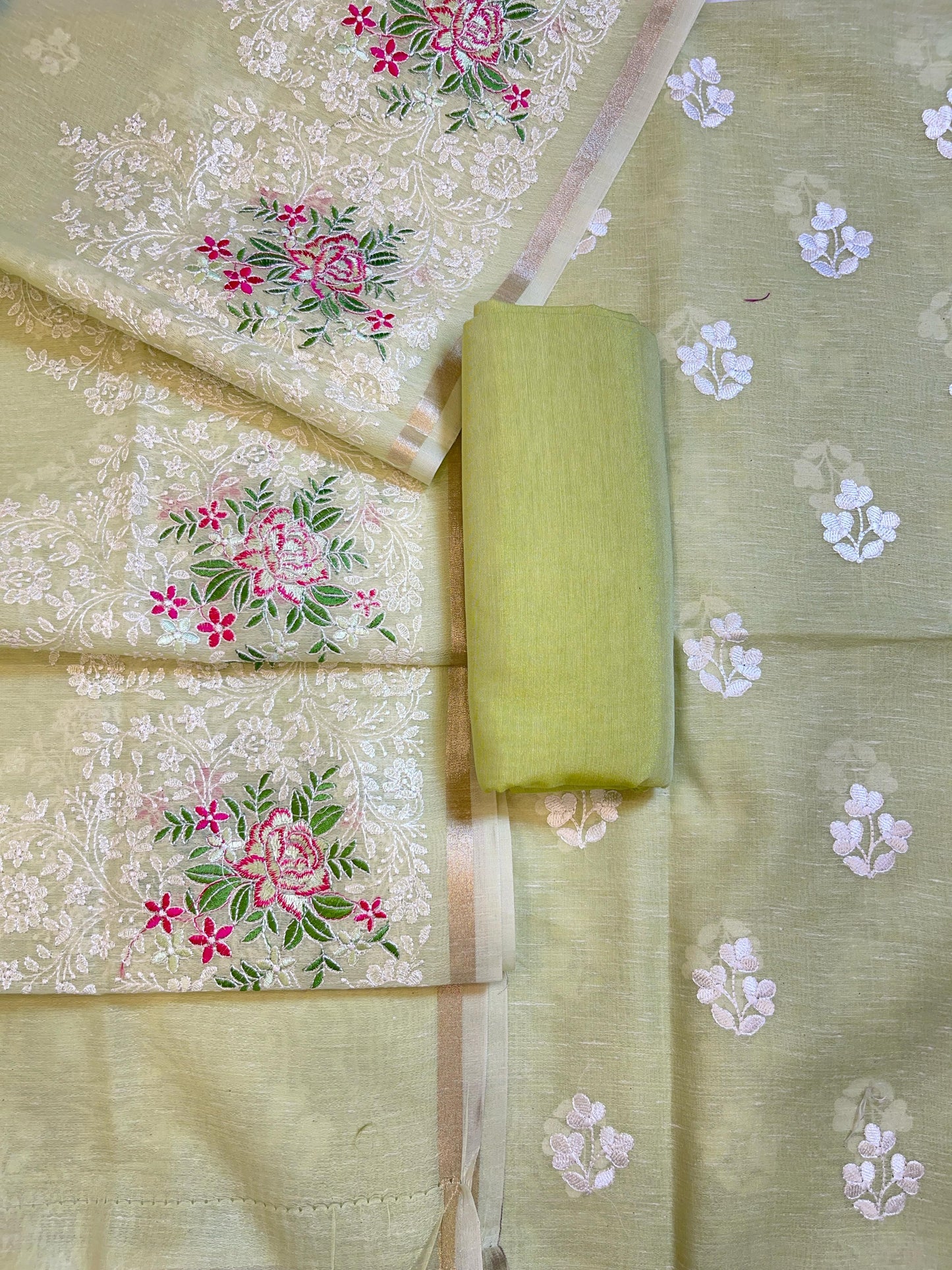 Light Green Linen Banarasi 3 pcs Suit Set with Embroidery Dupatta 1100SKL_LN1