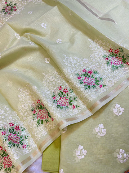 Light Green Linen Banarasi 3 pcs Suit Set with Embroidery Dupatta 1100SKL_LN1
