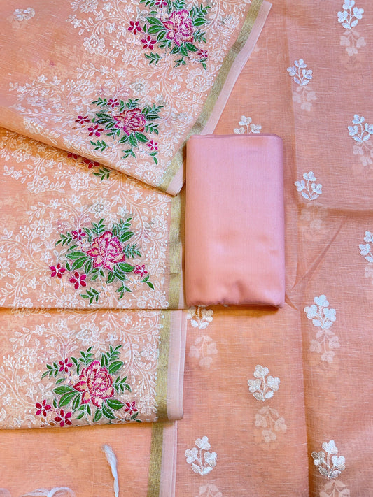 Peach Linen Banarasi 3 pcs Suit Set with Embroidery Dupatta 1100SKL_LN2