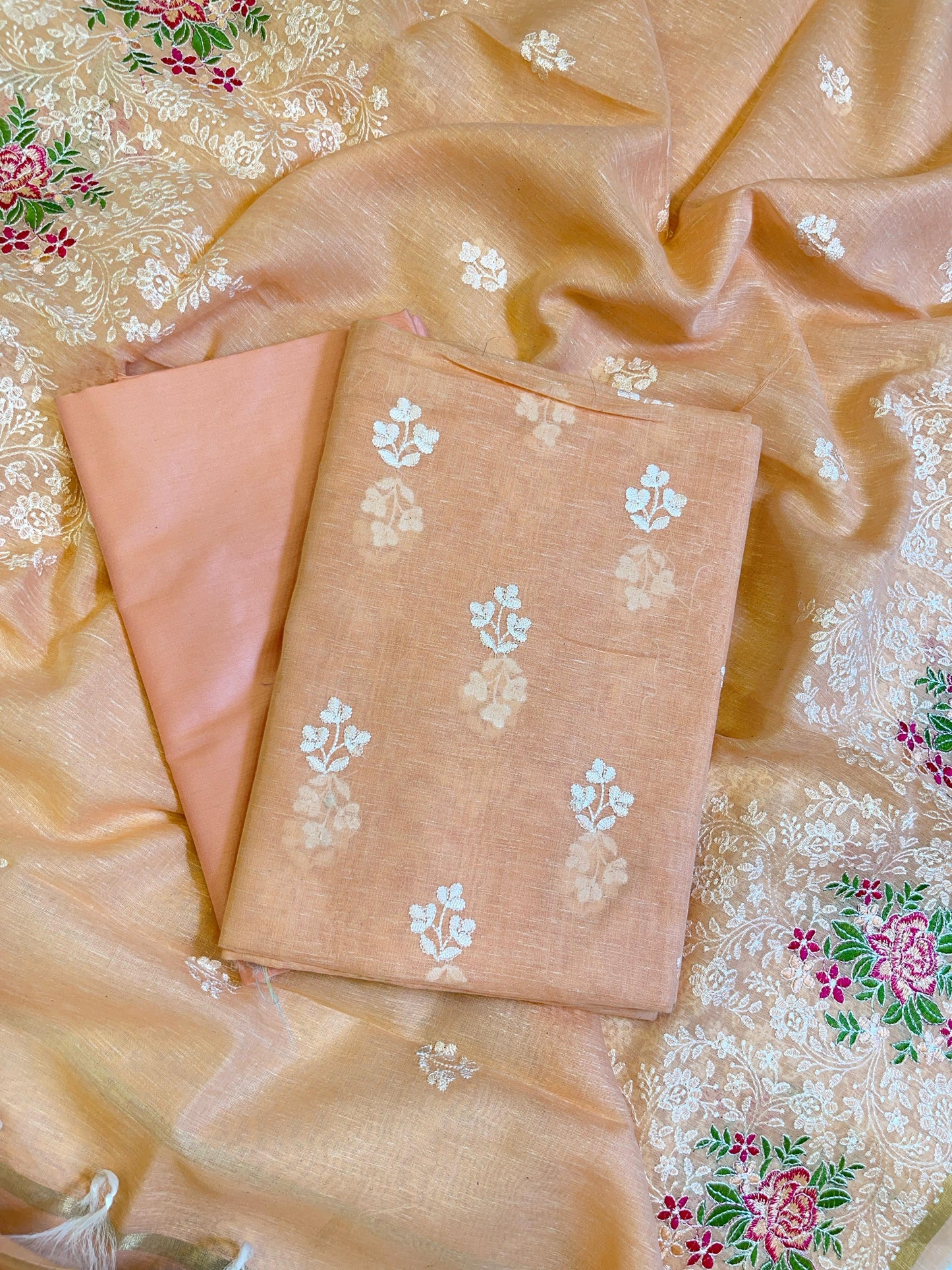Peach Linen Banarasi 3 pcs Suit Set with Embroidery Dupatta 1100SKL_LN2