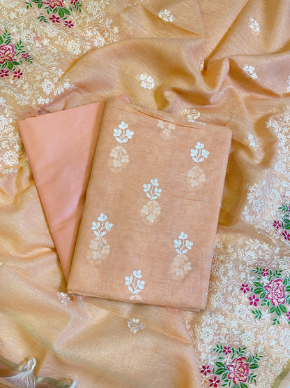 Peach Linen Banarasi 3 pcs Suit Set with Embroidery Dupatta 1100SKL_LN2