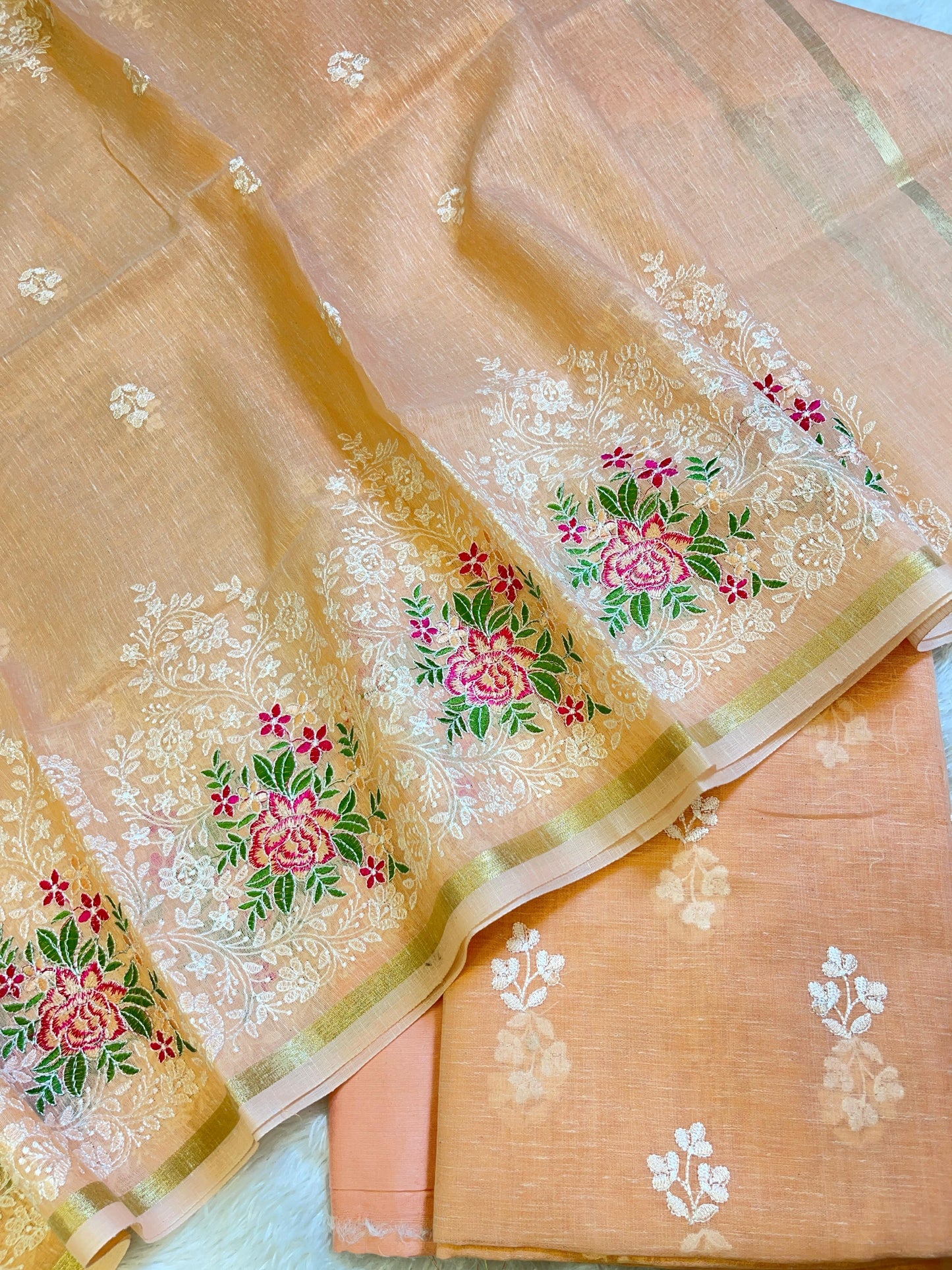 Peach Linen Banarasi 3 pcs Suit Set with Embroidery Dupatta 1100SKL_LN2
