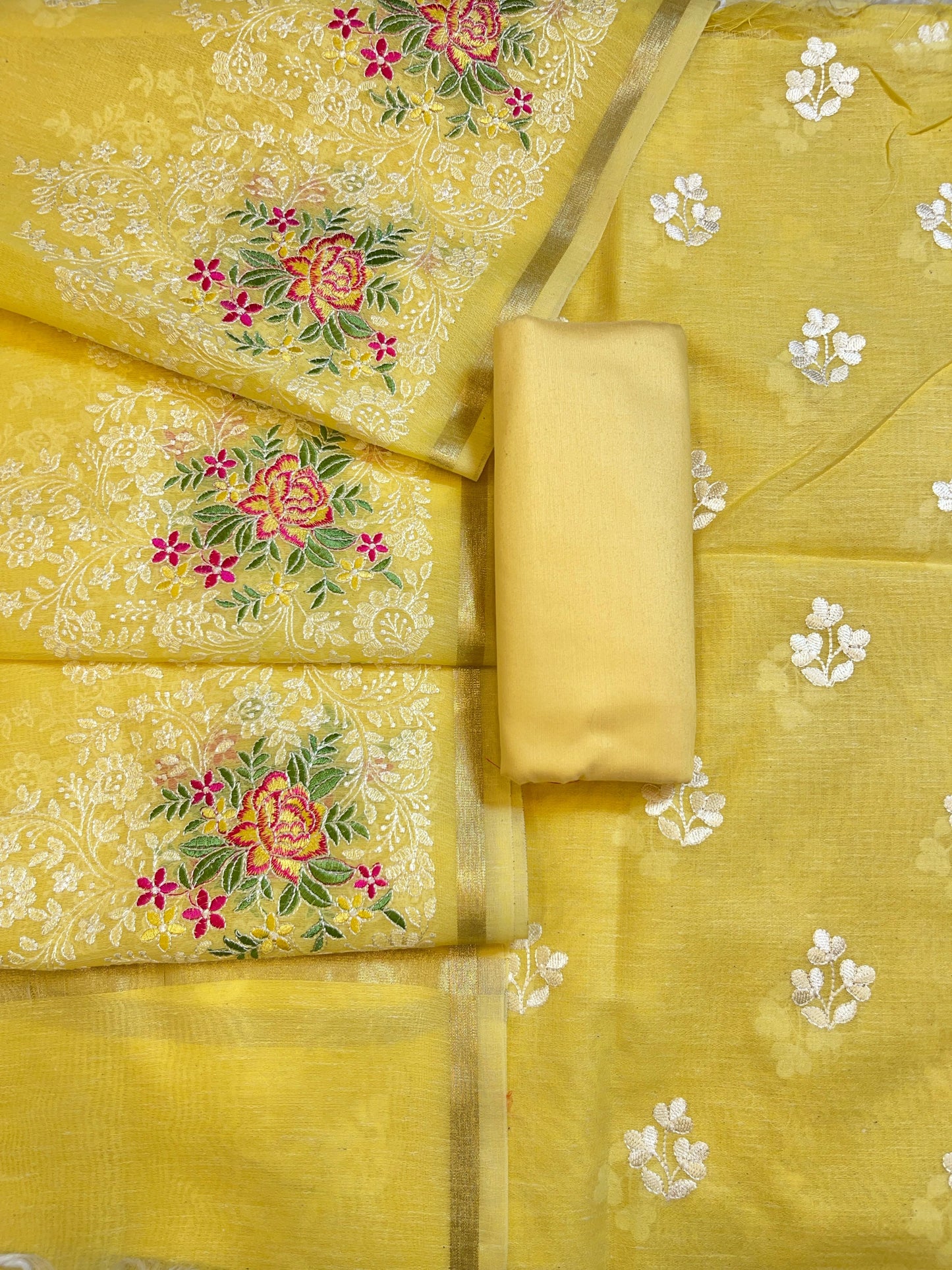 Yellow Linen Banarasi 3 pcs Suit Set with Embroidery Dupatta 1100SKL_LN3