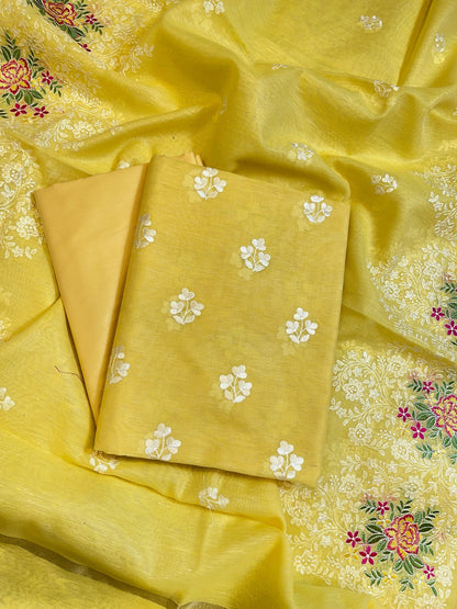 Yellow Linen Banarasi 3 pcs Suit Set with Embroidery Dupatta 1100SKL_LN3