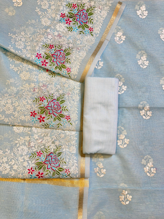 Sky Blue Linen Banarasi 3 pcs Suit Set with Embroidery Dupatta 1100SKL_LN4