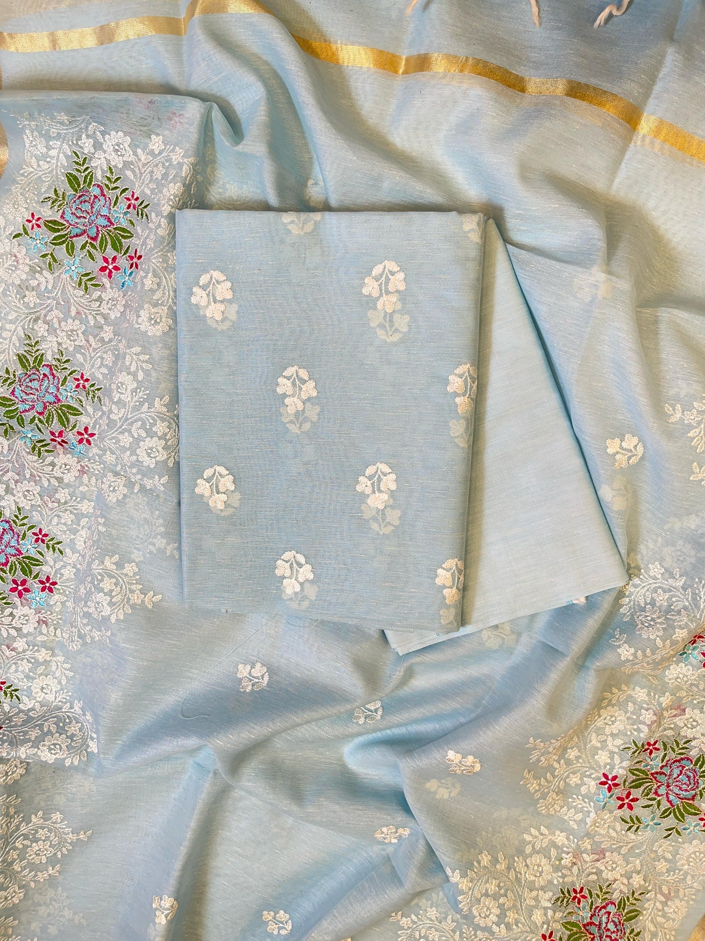 Sky Blue Linen Banarasi 3 pcs Suit Set with Embroidery Dupatta 1100SKL_LN4