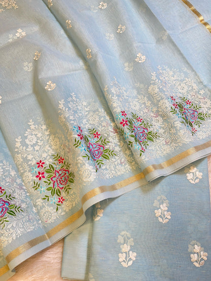 Sky Blue Linen Banarasi 3 pcs Suit Set with Embroidery Dupatta 1100SKL_LN4