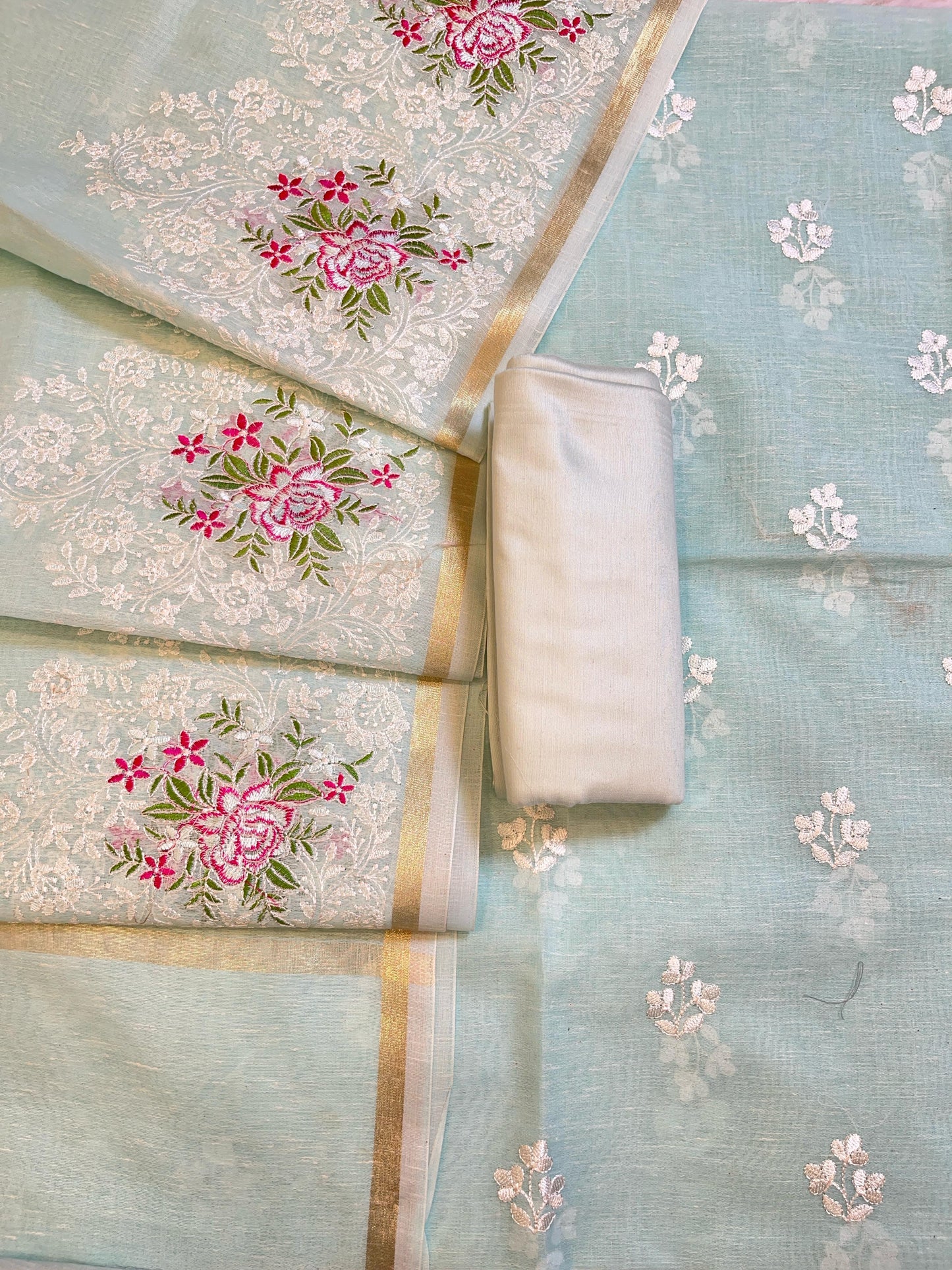 Sea Green Linen Banarasi 3 pcs Suit Set with Embroidery Dupatta 1100SKL_LN5