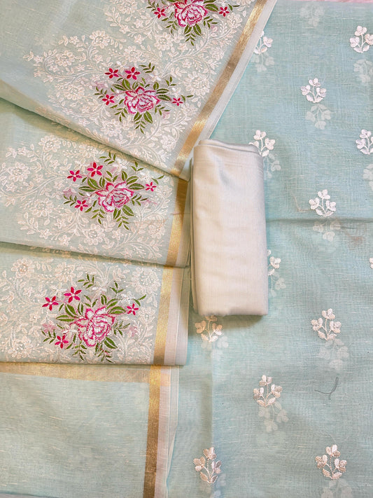 Sea Green Linen Banarasi 3 pcs Suit Set with Embroidery Dupatta 1100SKL_LN5