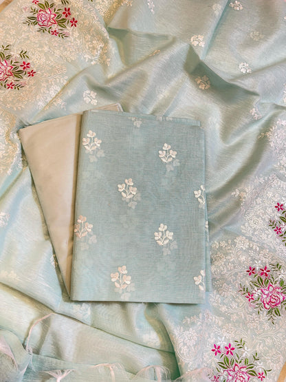 Sea Green Linen Banarasi 3 pcs Suit Set with Embroidery Dupatta 1100SKL_LN5