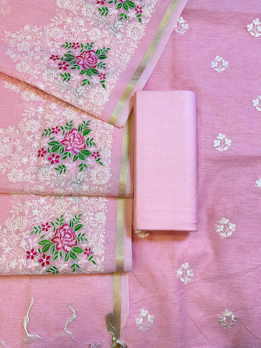 Pink Linen Banarasi 3 pcs Suit Set with Embroidery Dupatta 1100SKL_LN7
